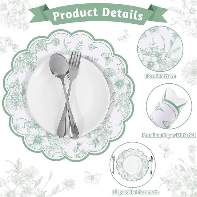 Alt view image 4 of 7 - 60 Pcs Sage Green Floral Paper Placemat, Disposable Scalloped Table Mat