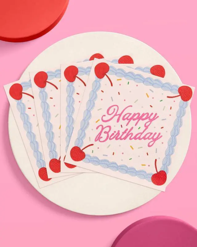 Alt view image 8 of 8 - xo, Fetti 25 Happy Birthday Paper Napkins | Party Decorations Tablescape | Cake, Rainbow Sprinkles, Cherry, Icing, Dessert