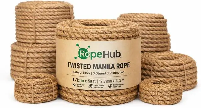 Main image of Twisted Manila Rope, Natural 3-Strand Fiber Rope for Landscaping, Decor, Railings, DIY Projects & Utility Use, Rustic for Indoor & Outdoor Applications - 3/8 in x 10 ft