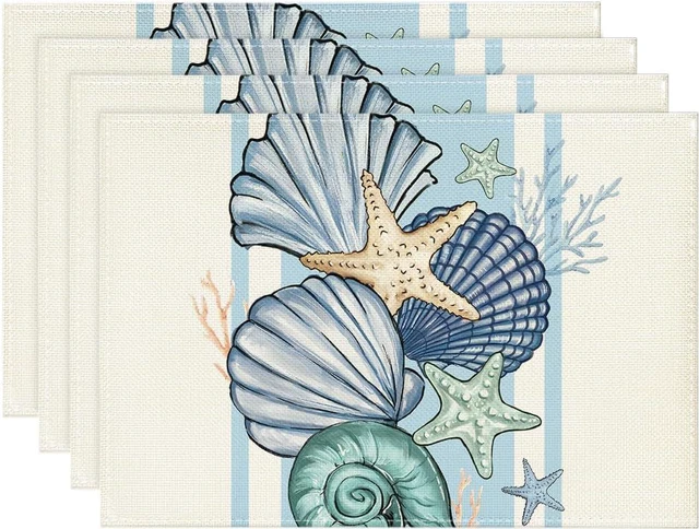 Main image of Sea Shell Starfish Summer Placemats Set of 4, 12x18 Inch Seasonal Spring Ocean Table Mats for Party Kitchen Dining Decoration