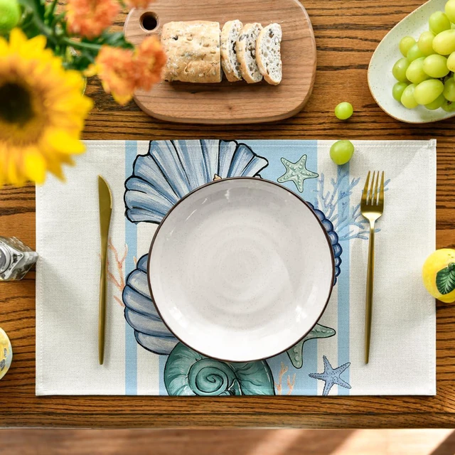 Alt view image 2 of 7 - Sea Shell Starfish Summer Placemats Set of 4, 12x18 Inch Seasonal Spring Ocean Table Mats for Party Kitchen Dining Decoration