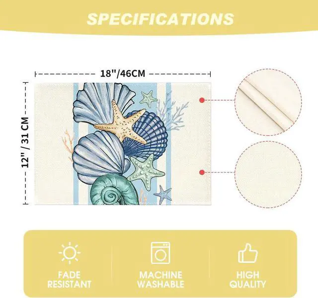 Alt view image 6 of 7 - Sea Shell Starfish Summer Placemats Set of 4, 12x18 Inch Seasonal Spring Ocean Table Mats for Party Kitchen Dining Decoration