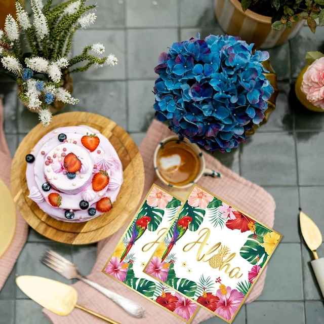 Alt view image 4 of 6 - 40 Pcs Hawaiian Paper Napkins Disposable Luau Party Tropical Hibiscus Floral Greenery Paper Napkins for Summer BBQ, Hawaiian Aloha Theme Birthday, Pool Beach, Picnic and Baby Shower Party Supplies