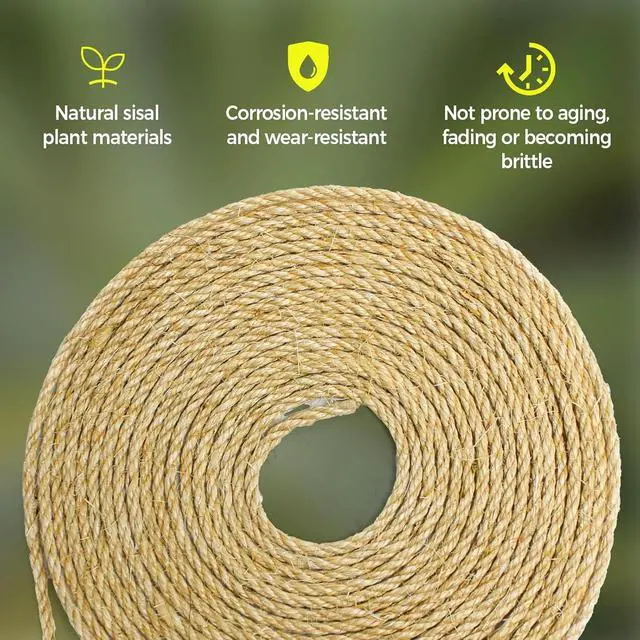 Alt view image 3 of 7 - 1/4 Inch Natural Sisal Rope for Cat Scratching Posts, 50FT Abrasion Resistance Rope, Multipurpose for Cat Tree Repair, DIY Projects, Furniture Wrapping, Indoor/Outdoor Use