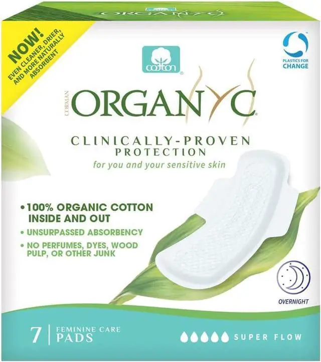 Main image of New and Improved 100% Certified Organic Cotton Inside and Out Overnight Feminine Pads, Heaviest Flow, Super Absorbency 2.0, 7 Count