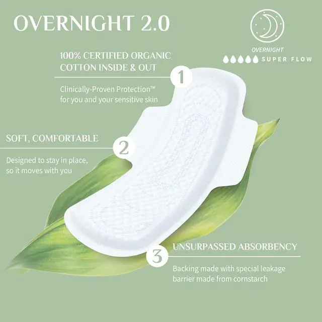Alt view image 3 of 7 - New and Improved 100% Certified Organic Cotton Inside and Out Overnight Feminine Pads, Heaviest Flow, Super Absorbency 2.0, 7 Count