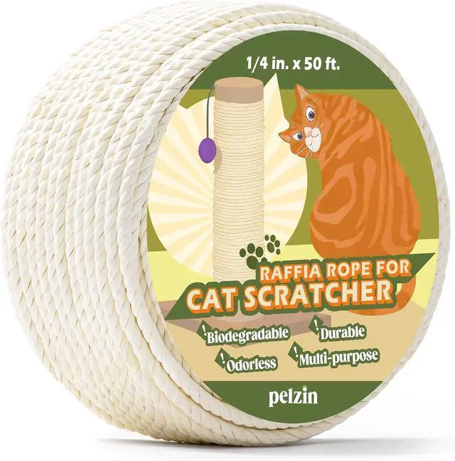 Main image of Natural Paper Raffia Rope for Cat Scratcher 1/4 Inch by 50 Feet, Cat Tree Rope Twine for Cat Scratching Post Replacement, Cat Tower with Scratch Post Repairing, Replace, Recovering and DIY