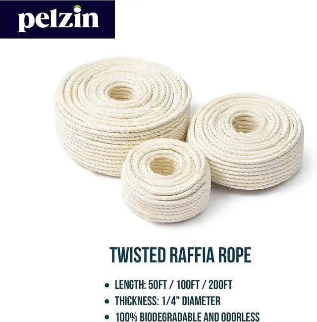 Alt view image 3 of 7 - Natural Paper Raffia Rope for Cat Scratcher 1/4 Inch by 50 Feet, Cat Tree Rope Twine for Cat Scratching Post Replacement, Cat Tower with Scratch Post Repairing, Replace, Recovering and DIY