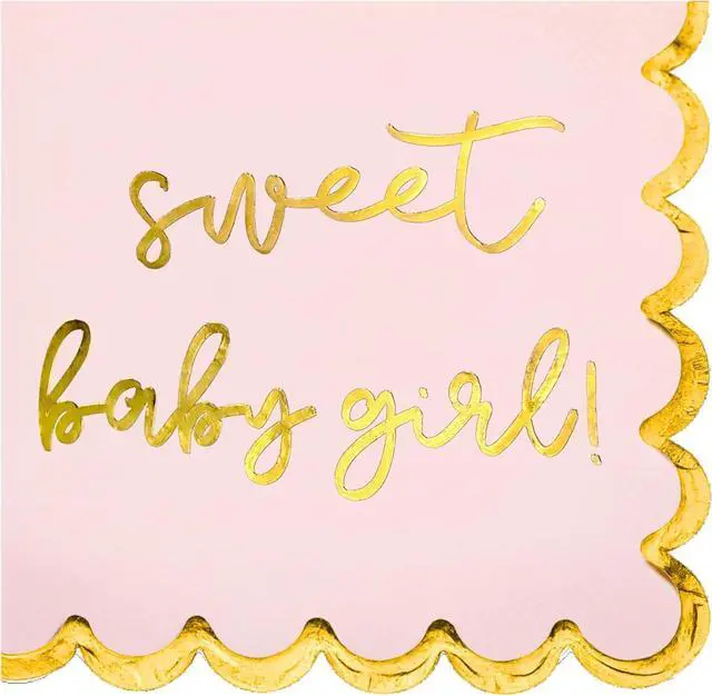 Main image of Girl Baby Shower Decorations, Pink and Gold "Sweet Baby Girl" Cocktail Napkins, Gender Reveals, Sprinkles Party Decor, Pregnancy Announcements, Welcome Home, Elegant and Disposable, 50 Pack