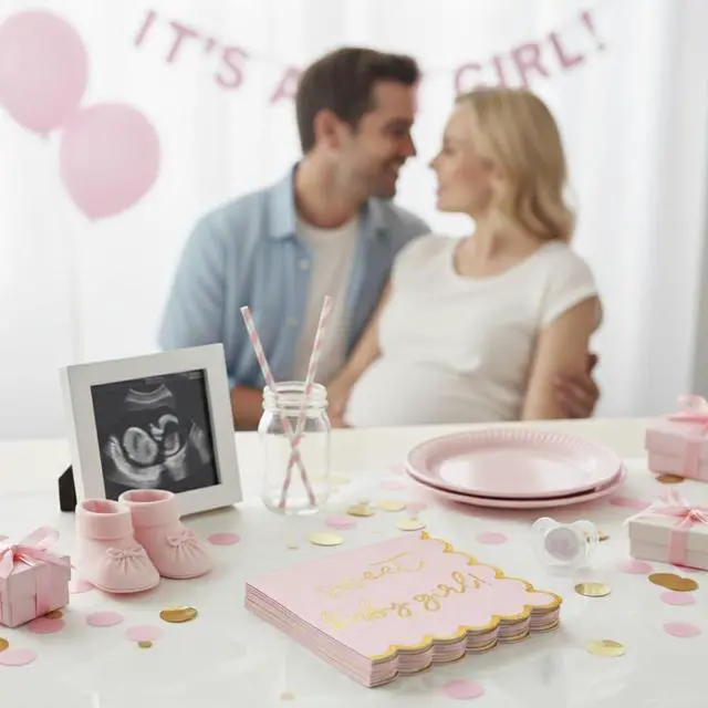 Alt view image 2 of 7 - Girl Baby Shower Decorations, Pink and Gold "Sweet Baby Girl" Cocktail Napkins, Gender Reveals, Sprinkles Party Decor, Pregnancy Announcements, Welcome Home, Elegant and Disposable, 50 Pack