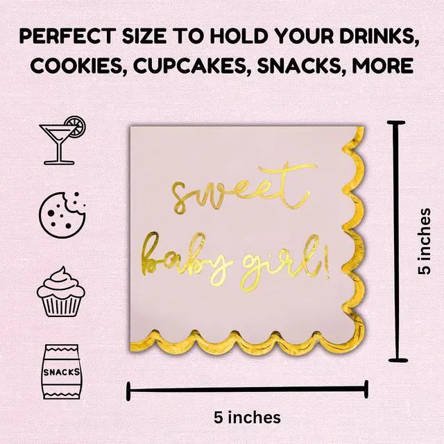Alt view image 3 of 7 - Girl Baby Shower Decorations, Pink and Gold "Sweet Baby Girl" Cocktail Napkins, Gender Reveals, Sprinkles Party Decor, Pregnancy Announcements, Welcome Home, Elegant and Disposable, 50 Pack