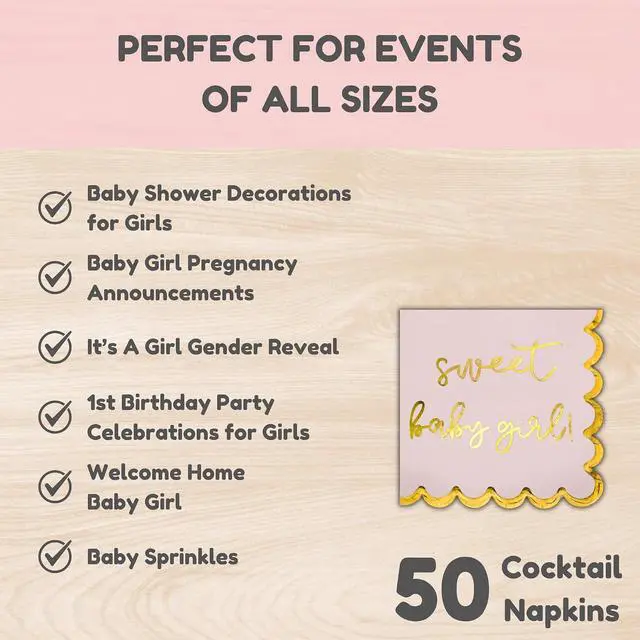 Alt view image 6 of 7 - Girl Baby Shower Decorations, Pink and Gold "Sweet Baby Girl" Cocktail Napkins, Gender Reveals, Sprinkles Party Decor, Pregnancy Announcements, Welcome Home, Elegant and Disposable, 50 Pack