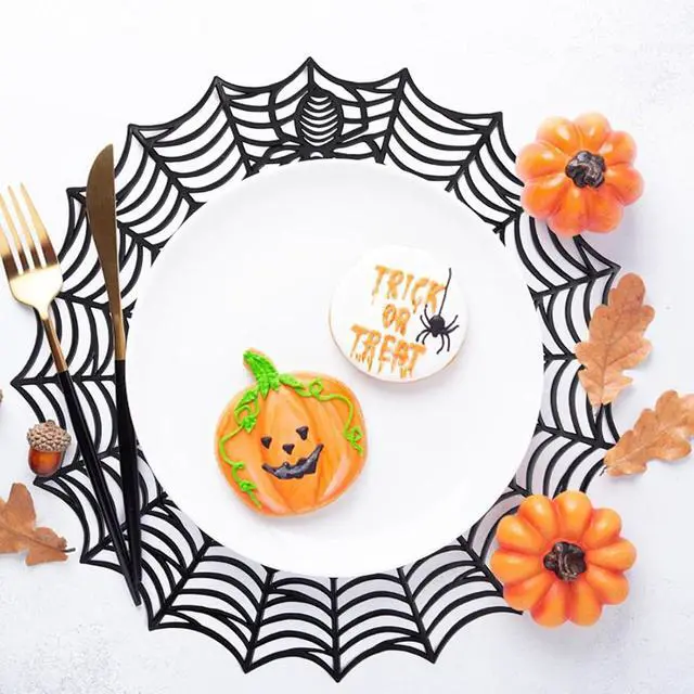 Alt view image 2 of 7 - Halloween Spider Web Placemats Set of 4,15" Non Slip Heat Insulation Table Place Mats,Black Dinner Place Mats Spider Web Table Decoration Halloween Decorations