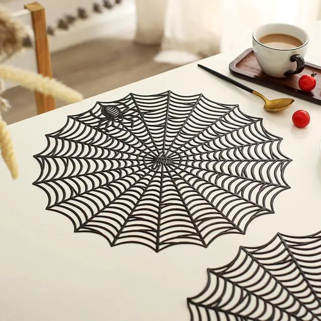 Alt view image 3 of 7 - Halloween Spider Web Placemats Set of 4,15" Non Slip Heat Insulation Table Place Mats,Black Dinner Place Mats Spider Web Table Decoration Halloween Decorations