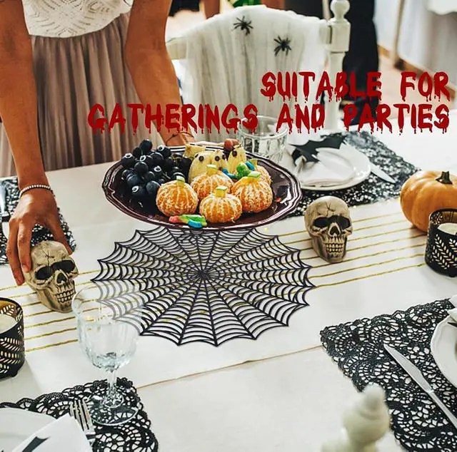Alt view image 7 of 7 - Halloween Spider Web Placemats Set of 4,15" Non Slip Heat Insulation Table Place Mats,Black Dinner Place Mats Spider Web Table Decoration Halloween Decorations