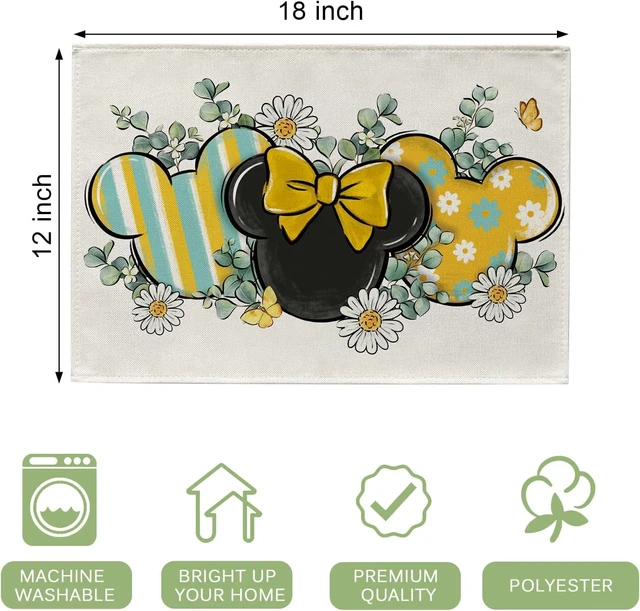 Alt view image 2 of 6 - Spring Summer Placemats Set of 4, Eucalyptus Leaves Daisy Flower Yellow Teal Stripes Dining Place Mats Table Decor, Butterfly Seasonal Home Kitchen Decoration 12 x 18 Inch