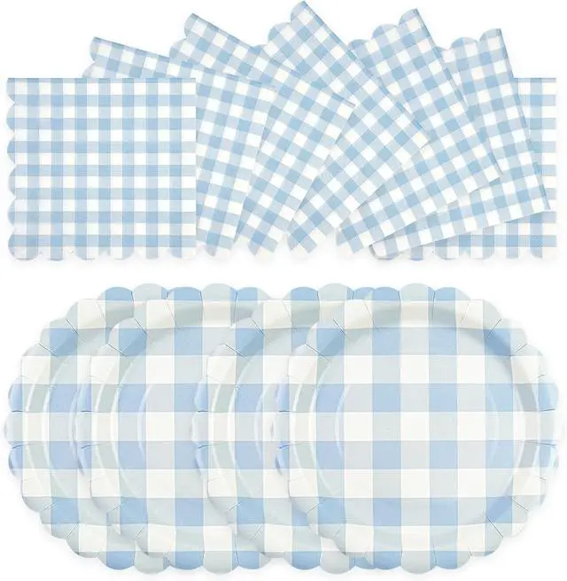 Main image of 50PCS Paper Birthday Plates and Napkins Light Blue Gingham Disposable Set