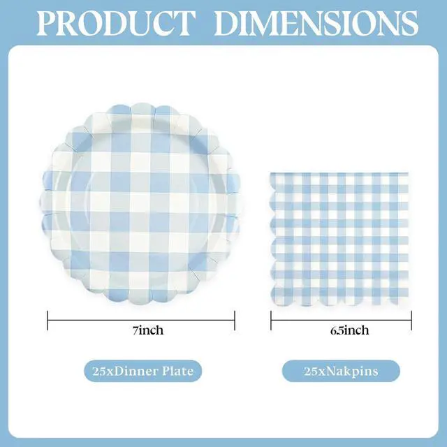 Alt view image 2 of 7 - 50PCS Paper Birthday Plates and Napkins Light Blue Gingham Disposable Set
