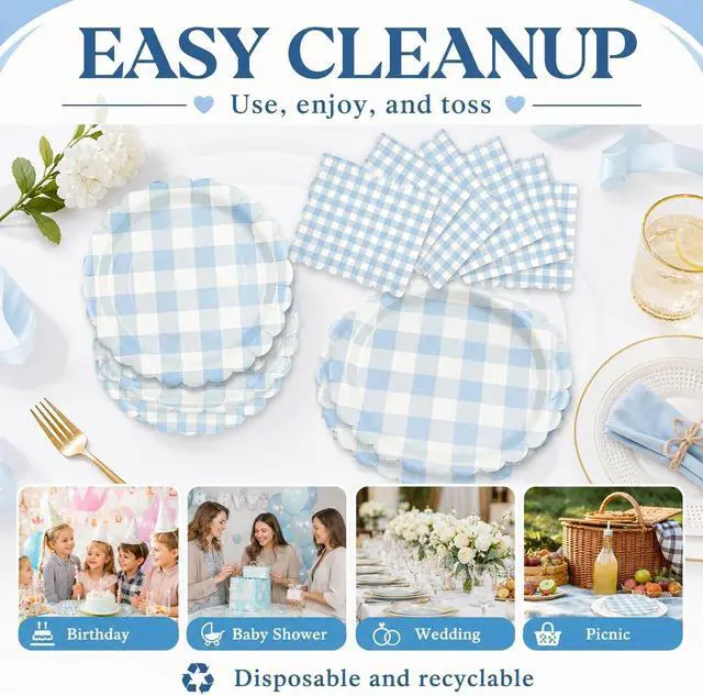 Alt view image 3 of 7 - 50PCS Paper Birthday Plates and Napkins Light Blue Gingham Disposable Set