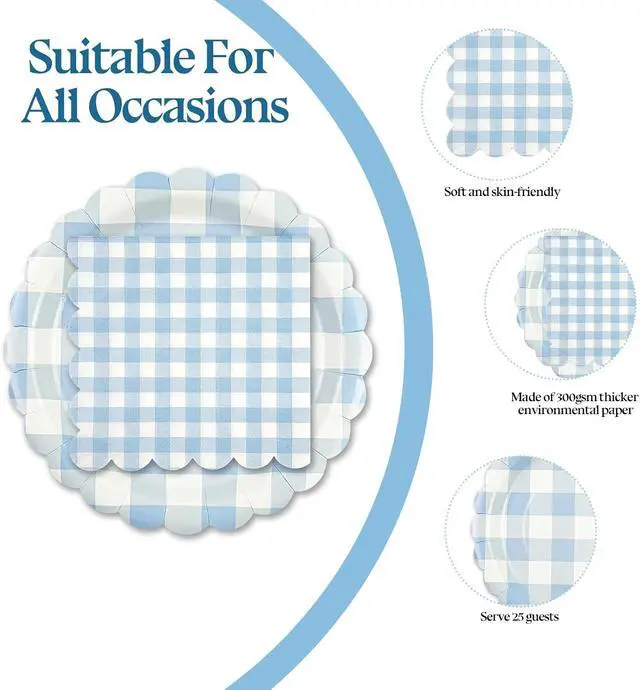 Alt view image 4 of 7 - 50PCS Paper Birthday Plates and Napkins Light Blue Gingham Disposable Set