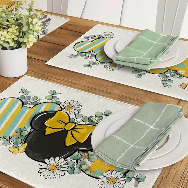 Alt view image 6 of 6 - Spring Summer Placemats Set of 4, Eucalyptus Leaves Daisy Flower Yellow Teal Stripes Dining Place Mats Table Decor, Butterfly Seasonal Home Kitchen Decoration 12 x 18 Inch