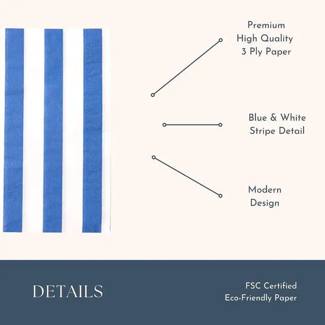 Alt view image 4 of 7 - Bonjour Fête Bright Blue Cabana Stripe Guest Towels | 3-Ply Fancy Large Napkins for Holiday & Birthday Decorations | Premium Party Table Decor | Elegant Party Supplies | Pack of 20, 1/6 Folded