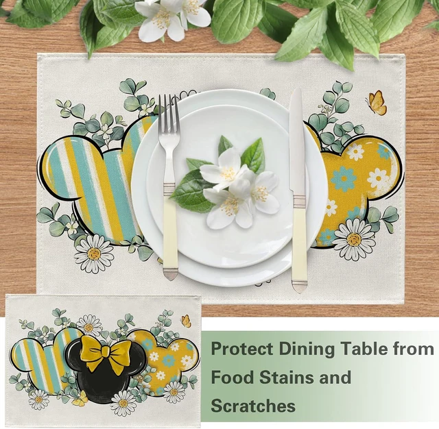 Alt view image 5 of 6 - Spring Summer Placemats Set of 4, Eucalyptus Leaves Daisy Flower Yellow Teal Stripes Dining Place Mats Table Decor, Butterfly Seasonal Home Kitchen Decoration 12 x 18 Inch