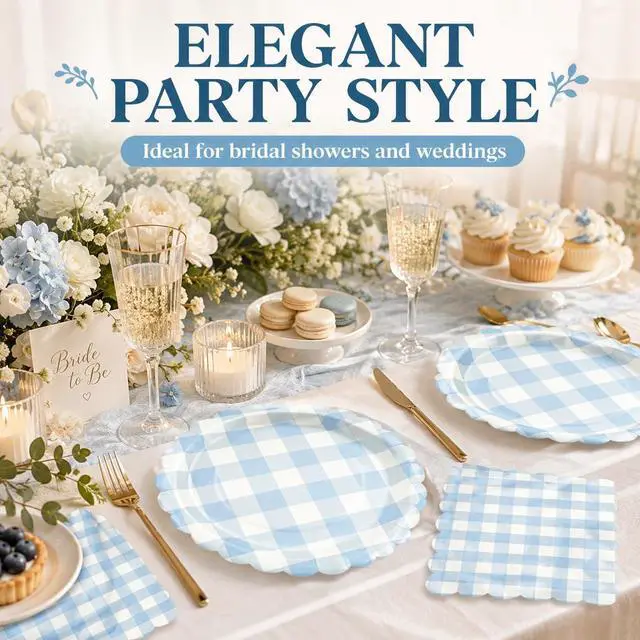 Alt view image 5 of 7 - 50PCS Paper Birthday Plates and Napkins Light Blue Gingham Disposable Set