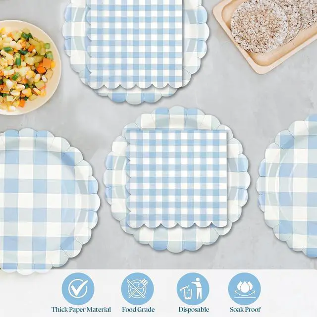 Alt view image 6 of 7 - 50PCS Paper Birthday Plates and Napkins Light Blue Gingham Disposable Set