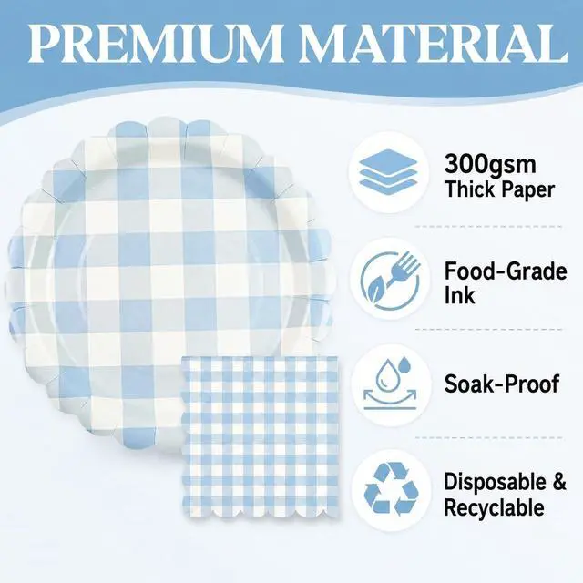 Alt view image 7 of 7 - 50PCS Paper Birthday Plates and Napkins Light Blue Gingham Disposable Set