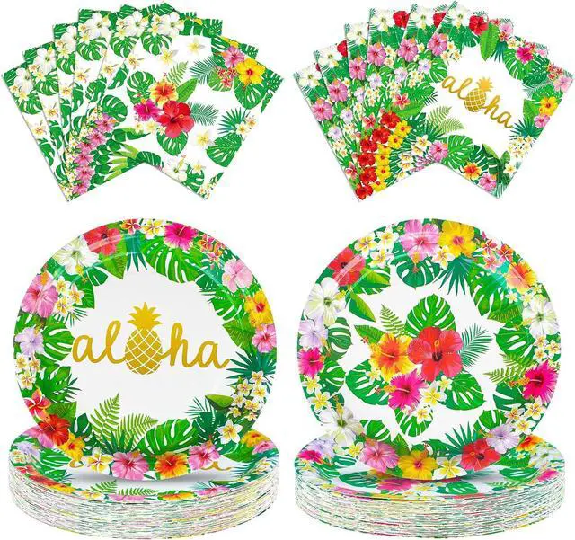 Main image of 100 Pcs Hawaiian Paper Napkins Plates Tropical Luau Party Supplies 9 Inch Disposable Plates and Party Napkins Tropical Palm Leaf and Hibiscus Aloha Summer Party Tableware Set, Serve for 25 Guests