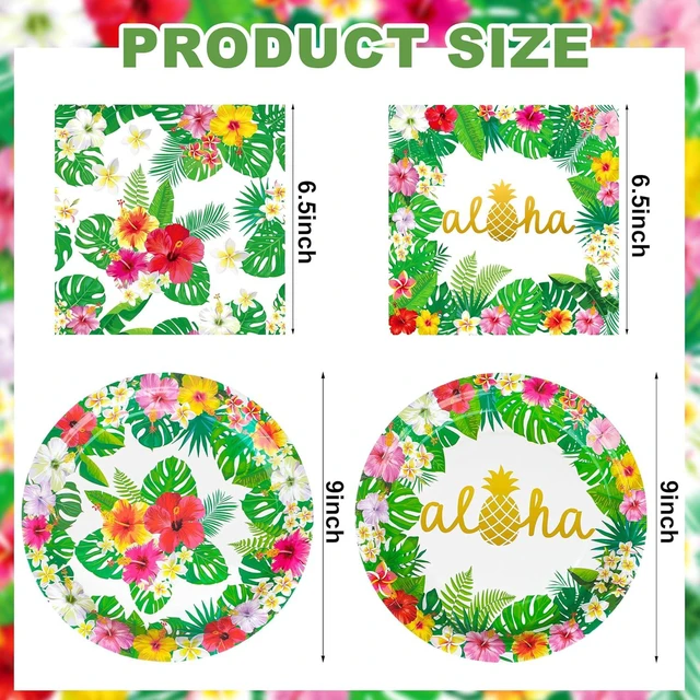 Alt view image 2 of 7 - 100 Pcs Hawaiian Paper Napkins Plates Tropical Luau Party Supplies 9 Inch Disposable Plates and Party Napkins Tropical Palm Leaf and Hibiscus Aloha Summer Party Tableware Set, Serve for 25 Guests