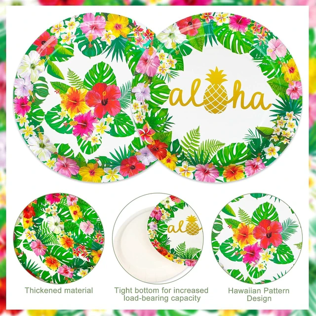 Alt view image 4 of 7 - 100 Pcs Hawaiian Paper Napkins Plates Tropical Luau Party Supplies 9 Inch Disposable Plates and Party Napkins Tropical Palm Leaf and Hibiscus Aloha Summer Party Tableware Set, Serve for 25 Guests