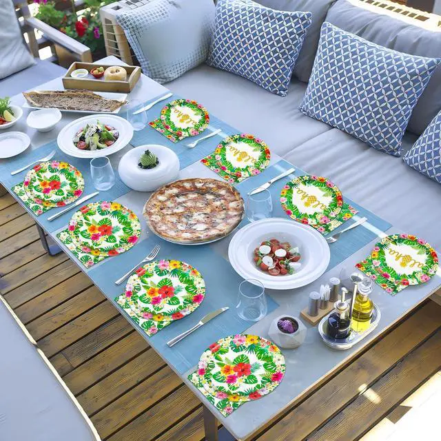 Alt view image 6 of 7 - 100 Pcs Hawaiian Paper Napkins Plates Tropical Luau Party Supplies 9 Inch Disposable Plates and Party Napkins Tropical Palm Leaf and Hibiscus Aloha Summer Party Tableware Set, Serve for 25 Guests