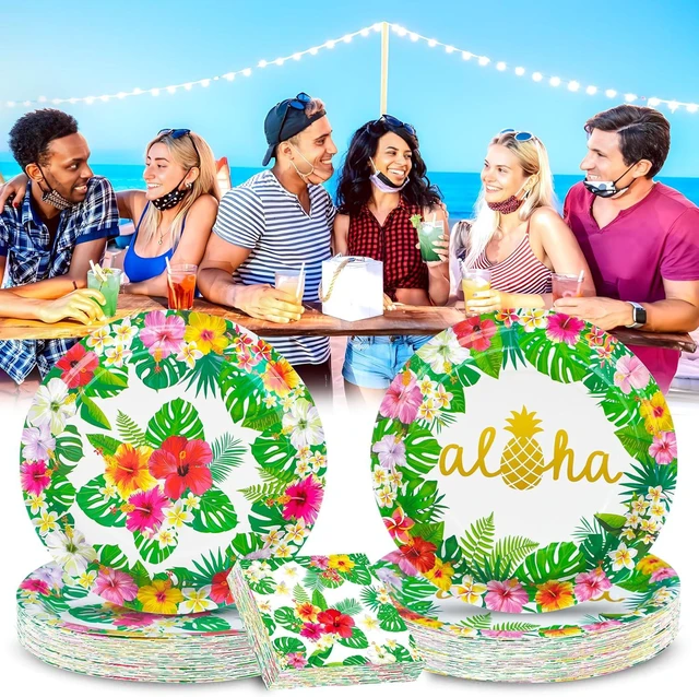 Alt view image 5 of 7 - 100 Pcs Hawaiian Paper Napkins Plates Tropical Luau Party Supplies 9 Inch Disposable Plates and Party Napkins Tropical Palm Leaf and Hibiscus Aloha Summer Party Tableware Set, Serve for 25 Guests