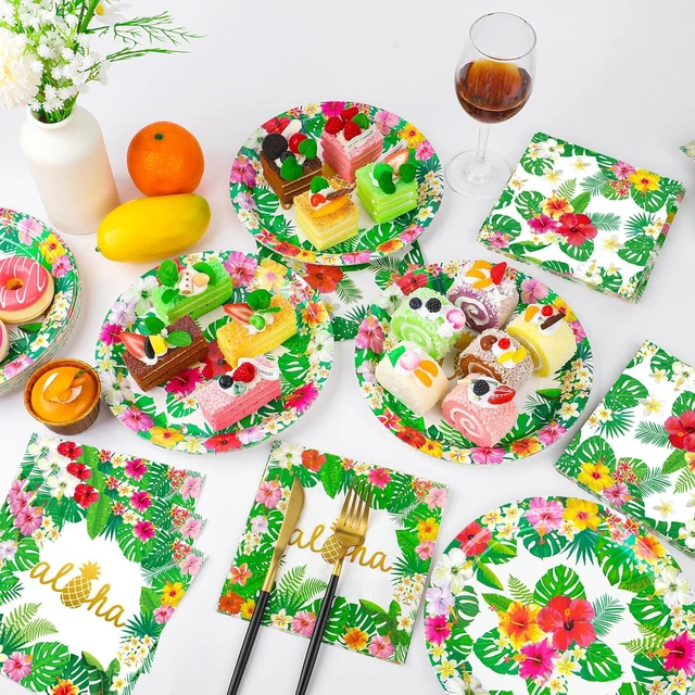 Alt view image 7 of 7 - 100 Pcs Hawaiian Paper Napkins Plates Tropical Luau Party Supplies 9 Inch Disposable Plates and Party Napkins Tropical Palm Leaf and Hibiscus Aloha Summer Party Tableware Set, Serve for 25 Guests