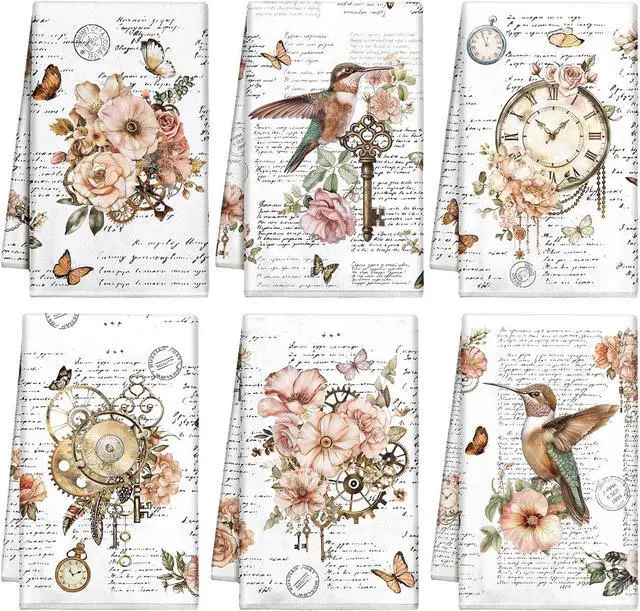 Main image of 6 Pcs Spring Vintage Floral Kitchen Towels Flower Bird Dish Towels Absorbent Retro Hand Cloth for Spring Summer Kitchen Cooking Tea Bathroom Decorative Holiday Decor Gift, 14 x 21 Inch