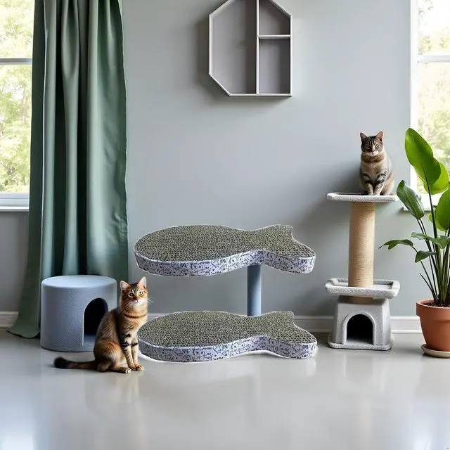 Alt view image 4 of 7 - 2Pcs Cat Scratching Board Premium Scratch Textures Cardboard Anti-Scratch Stress Relieve Indeformable Fish Self-Adhesive Scratching Board, Cat Scratching Pads (28×15×2.5 cm)