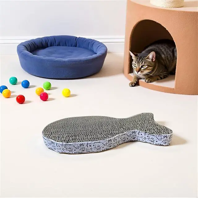 Alt view image 5 of 7 - 2Pcs Cat Scratching Board Premium Scratch Textures Cardboard Anti-Scratch Stress Relieve Indeformable Fish Self-Adhesive Scratching Board, Cat Scratching Pads (28×15×2.5 cm)