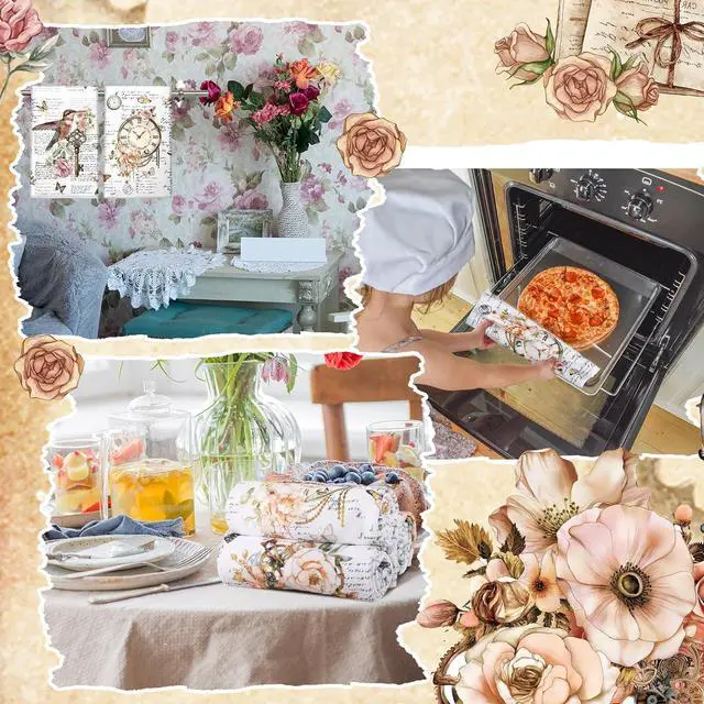 Alt view image 5 of 7 - 6 Pcs Spring Vintage Floral Kitchen Towels Flower Bird Dish Towels Absorbent Retro Hand Cloth for Spring Summer Kitchen Cooking Tea Bathroom Decorative Holiday Decor Gift, 14 x 21 Inch