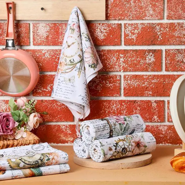 Alt view image 6 of 7 - 6 Pcs Spring Vintage Floral Kitchen Towels Flower Bird Dish Towels Absorbent Retro Hand Cloth for Spring Summer Kitchen Cooking Tea Bathroom Decorative Holiday Decor Gift, 14 x 21 Inch