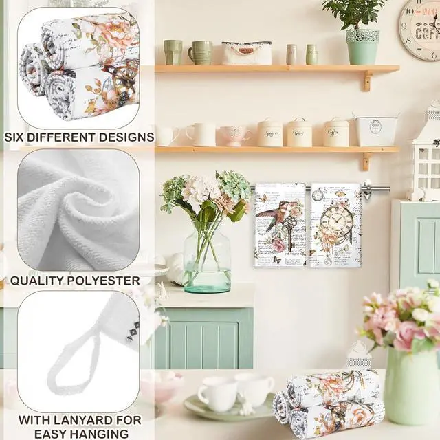 Alt view image 3 of 7 - 6 Pcs Spring Vintage Floral Kitchen Towels Flower Bird Dish Towels Absorbent Retro Hand Cloth for Spring Summer Kitchen Cooking Tea Bathroom Decorative Holiday Decor Gift, 14 x 21 Inch