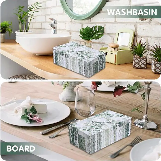 Alt view image 3 of 7 - 100 PCS Disposable Napkins Sage Green Leaves Napkins Bathroom Napkins Guest Disposable Soft Absorbent Paper Hand Towels for Home Party Dinner Decor