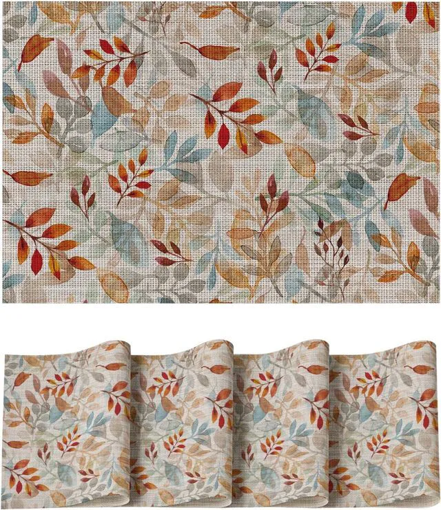 Main image of Leaves Fall Vinyl Placemats Set of 4, Wipeable Woven PVC Table Mats for Thanksgiving Farmhouse Holiday Party Kitchen Dining Decor
