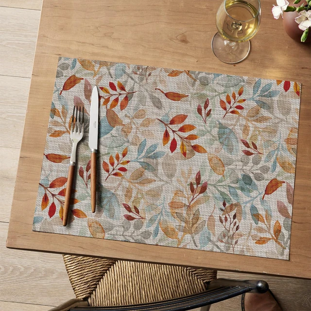 Alt view image 2 of 7 - Leaves Fall Vinyl Placemats Set of 4, Wipeable Woven PVC Table Mats for Thanksgiving Farmhouse Holiday Party Kitchen Dining Decor