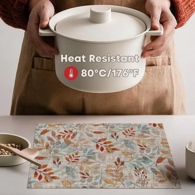 Alt view image 3 of 7 - Leaves Fall Vinyl Placemats Set of 4, Wipeable Woven PVC Table Mats for Thanksgiving Farmhouse Holiday Party Kitchen Dining Decor