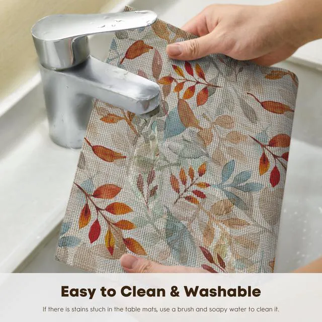 Alt view image 4 of 7 - Leaves Fall Vinyl Placemats Set of 4, Wipeable Woven PVC Table Mats for Thanksgiving Farmhouse Holiday Party Kitchen Dining Decor