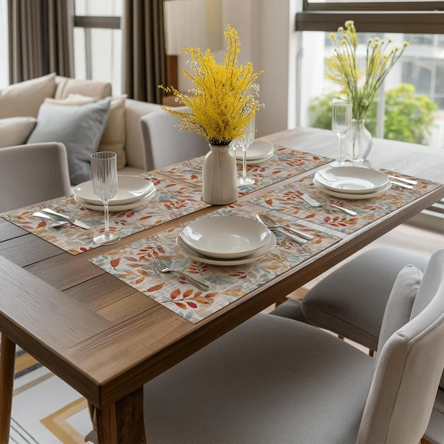 Alt view image 5 of 7 - Leaves Fall Vinyl Placemats Set of 4, Wipeable Woven PVC Table Mats for Thanksgiving Farmhouse Holiday Party Kitchen Dining Decor