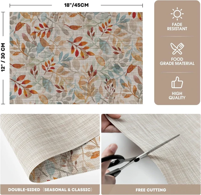 Alt view image 6 of 7 - Leaves Fall Vinyl Placemats Set of 4, Wipeable Woven PVC Table Mats for Thanksgiving Farmhouse Holiday Party Kitchen Dining Decor