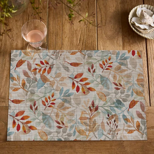 Alt view image 7 of 7 - Leaves Fall Vinyl Placemats Set of 4, Wipeable Woven PVC Table Mats for Thanksgiving Farmhouse Holiday Party Kitchen Dining Decor